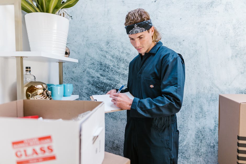 A person wearing a white t-shirt and blue jeans is seen handling a cardboard box during packing in a home environment. The individual is carefully placing a fragile, circular glass item wrapped in bubble wrap into the open top of the box. Several other cardboard boxes are stacked nearby, some closed and others open, indicating an ongoing packing process. The setting features a light-colored room with natural lighting, and a large green leafy plant can be seen in the background, suggesting a domestic interior space preparing for a home relocation. This scene illustrates the careful handling and packing of delicate items as part of furniture transport or moving logistics, aligning with services provided by Removal Companies Surrey during house removals or moving services.
